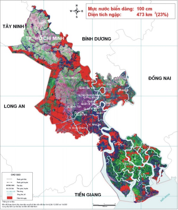  Với mực nước biển chỉ dâng lên 1 mét, một diện tích đáng kể sẽ ngập chìm dưới nước. 