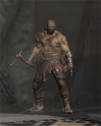 
Cái đầu trọc cùng những vằn đỏ trên người - rõ ràng đây là Kratos nhưng được đắp thêm một bộ râu quai nón.

