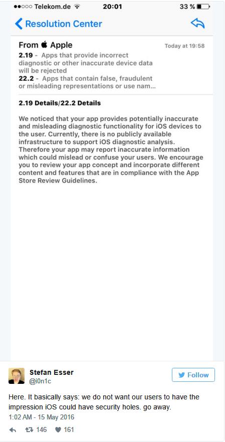  Lập trình viên Esser cho rằng Apple làm vậy vì không muốn người dùng bị ấn tượng rằng iOS có lỗ hổng bảo mật. 