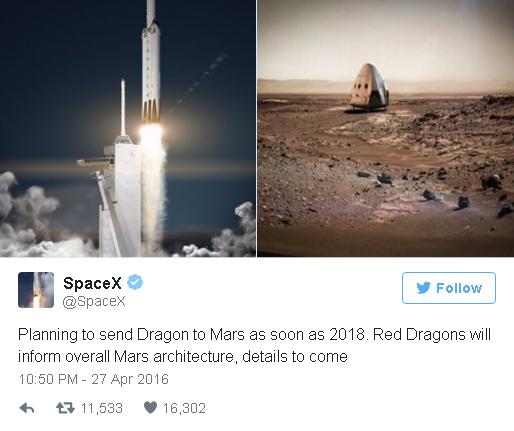  Chúng tôi đang lên kế hoạch phóng tàu Dragon lên Sao Hỏa vào năm 2018. Red Dragon sẽ thu thập tổng thế kiến trúc Sao Hỏa. 