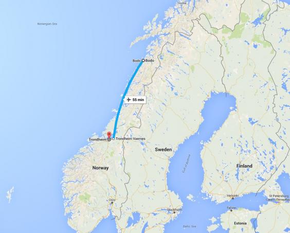  Khoảng cách từ Trondheim đến Bodo là hơn 450km 