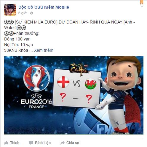 Mini game đoán tỷ số các đội nhân sự kiện mùa Euro do Fanpage Độc Cô Cửu Kiếm Mobile tổ chức
