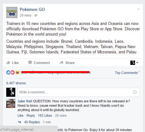 
Thông tin chính thức trên Facebook Pokemon GO.
