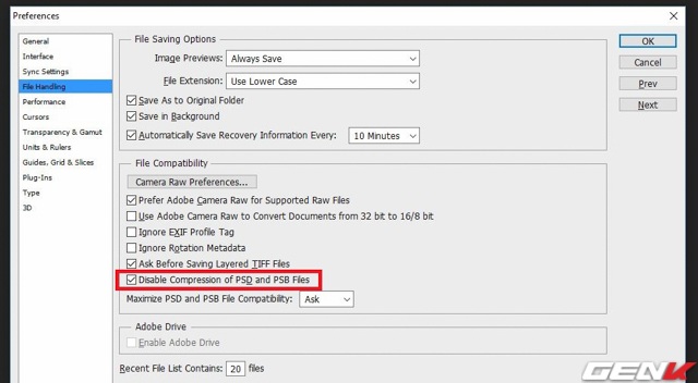  Click chọn vào ô Disable Compression of PSD and PSB Files. 