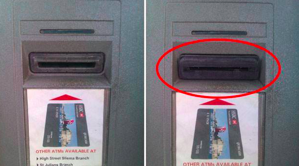  Một thiết bị ăn trộm thông tin thẻ được gắn trùm ra ngoài khe nuốt thẻ ở máy ATM 