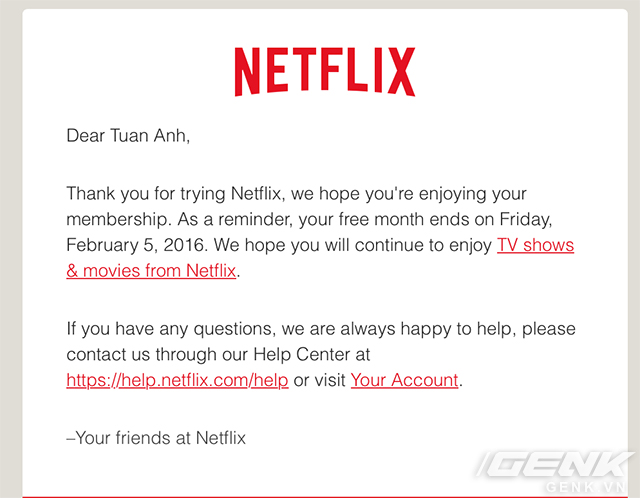  Email nhắc nhở từ Netflix. 