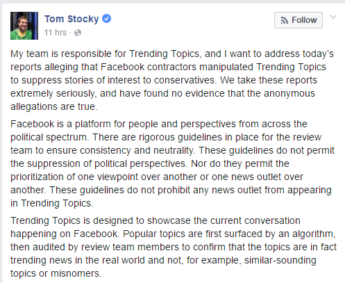  Bài viết trên Facebook của Tom Stocky 