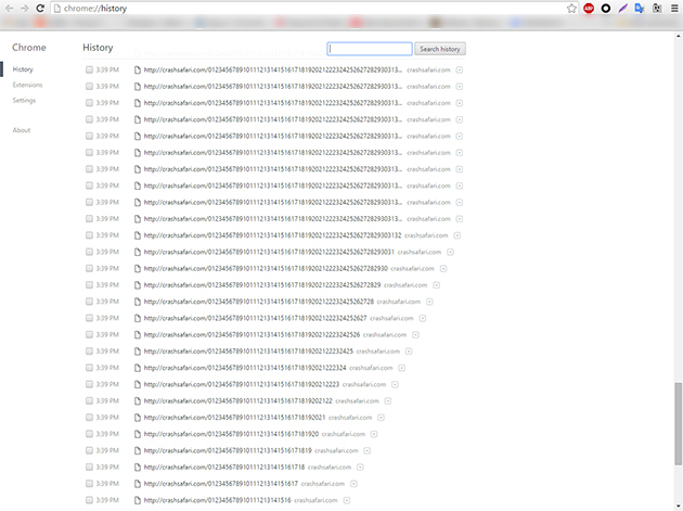  History trình duyệt tràn đầy đường dẫn truy cập tới crashsafari.com. 