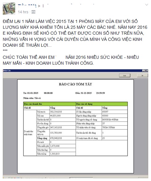 
Quán net 25 máy tính thu về gần 500 triệu đồng trong năm 2015.
