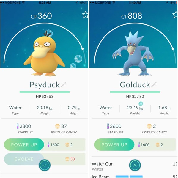 
Chỉ số của Psyduck và khi đã tiến hóa thành Golduck
