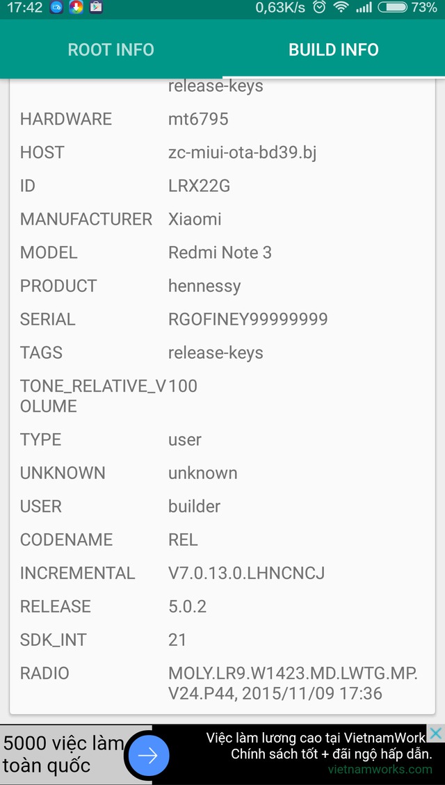  Thông tin về chiếc Redmi Note 3 sau khi đã được root. 