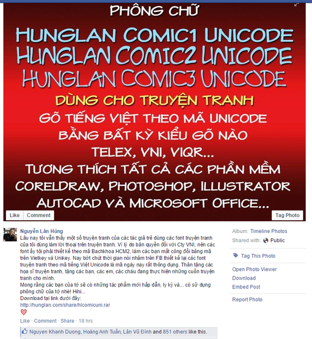 
Họa sĩ Hùng Lân chia sẻ bộ font của mình trên facebook cá nhân.
