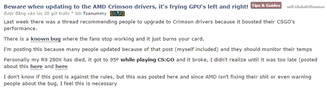  Một game thủ cho biết VGA card của anh đã hỏng vì quá nóng, sau khi nâng cấp lên Radeon Software Crimson. 