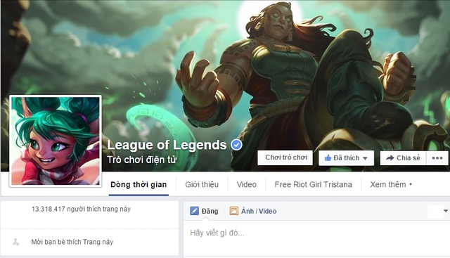 
Fanpage Liên Minh Huyền Thoại của Riot Games với 13 triệu lượt LIKE
