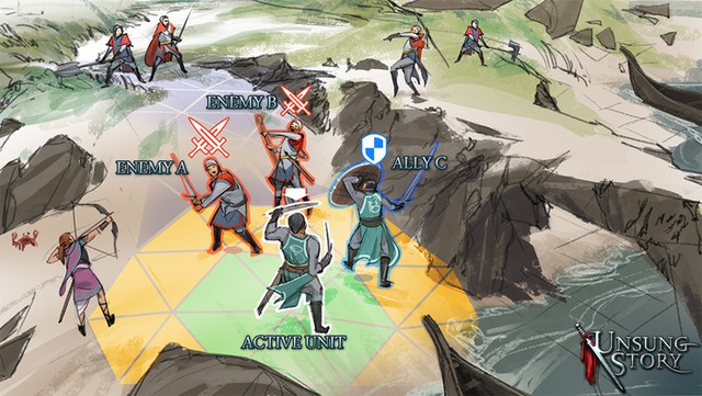 
Những hình ảnh về cơ chế chiến đấu của Unsung Story với những ô lục giác bao quanh nhân vật.
