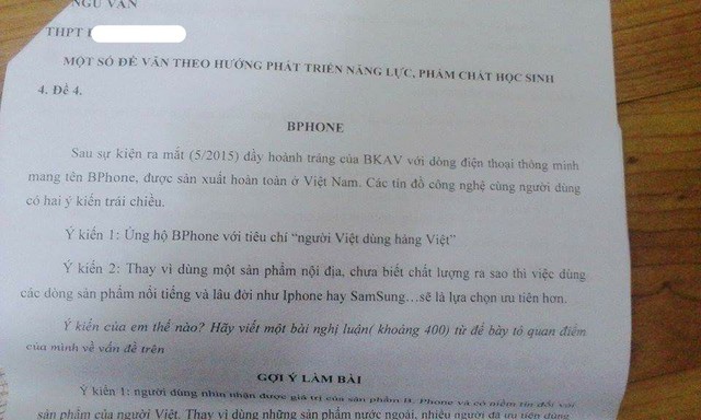 Đề văn lạ yêu cầu viết nghị luận về Bphone được chia sẻ trên Facebook khiến nhiều người tròn mắt ngạc nhiên. Ảnh trên Facebook.