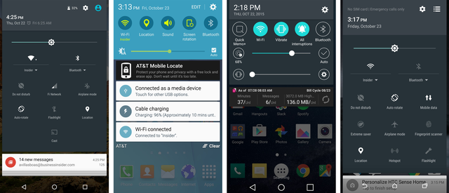  Giao diện thanh thông báo trên Nexus 5X (ngoài cùng bên trái), tiếp theo là Samsung, LG và HTC 