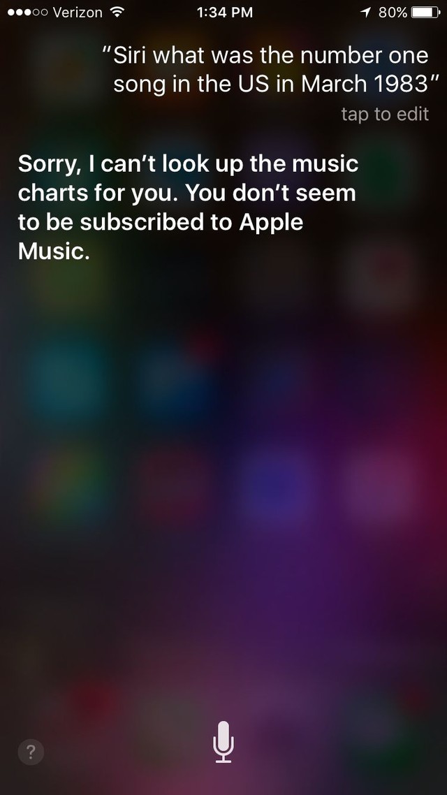  Ảnh chụp màn hình câu trả lời của Siri về ca nhạc. 