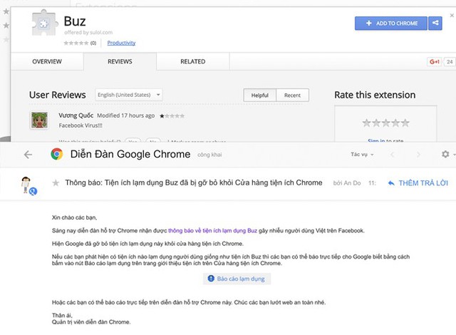  Tiện ích lừa đảo Buz trên Chrome Store và thông báo gỡ bỏ từ diễn đàn Chrome của Google. 