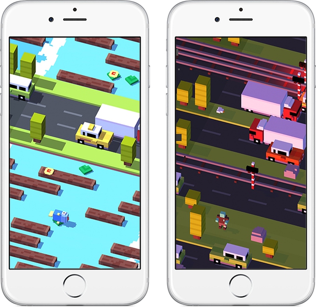 Crossy Road app on iPhone. Shows two busy street scenes.