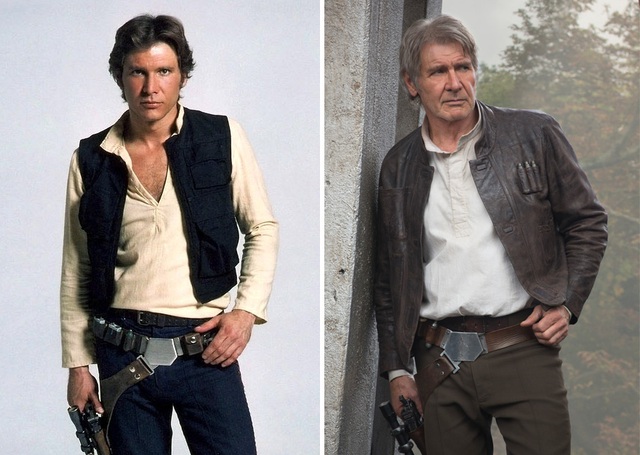 
Harrison Ford trong vai Han Solo năm 1980 và hiện nay. (có khi nào vì Han thích đánh nhau tay đôi nên mới tên là Solo?)
