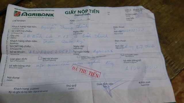 Bằng chứng giấy chuyển tiền của Nguyễn Trung Thành