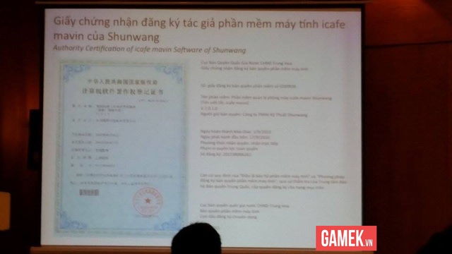 Giấy chứng nhận bản quyền của Shunwang với phần mềm Icafe (bản Gcafe gốc).