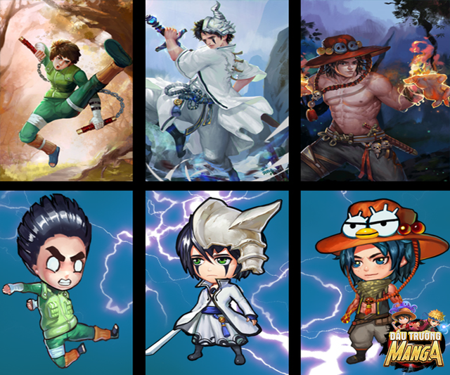Từ trái qua phải: Rock Lee (Naruto) -  Ulquiorra (BLEACH) và ACE (One Piece).
