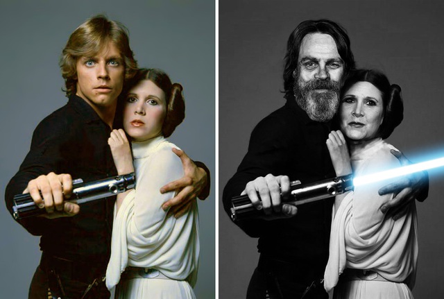 
Hai anh em Luke và Leia Skywalker hồi năm 1977 và hiện nay.
