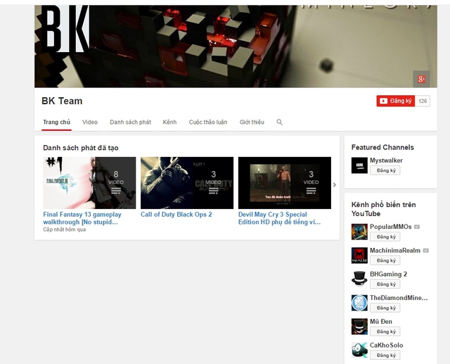 Kênh game của BK Team trên YouTube