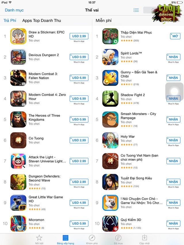 Thập Diện Mai Phục đạt top 1 thể loại nhập vai trên iOS
