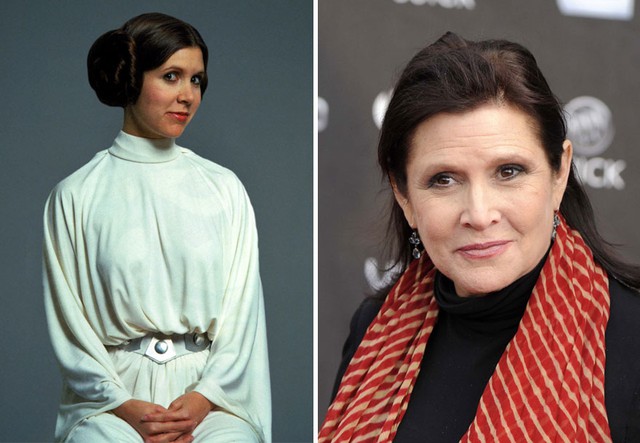 
Carrie Fisher trong vai Công chúa Leia, em sinh đôi của Luke Skywalker. Bên trái năm 1977 và bên phải năm 2015
