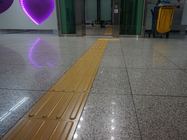 Vạch kẻ màu vàng với những đường gờ phía trên có tác dụng chỉ dẫn cho những người bị hạn chế về khả năng nhìn, toàn bộ tất cả các nhà ga đều được trang bị vạch kẻ này.