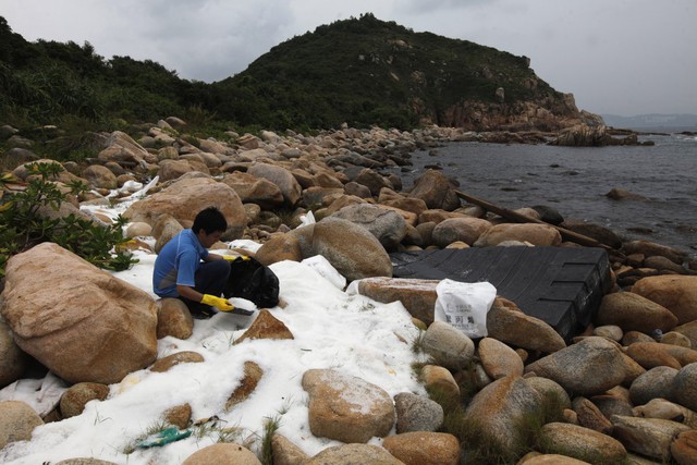 Một tình nguyện viên đang dọn dẹp dọc bên bờ đảo Lamma, Hồng Kông vào 5/8/2012. Hàng trăm triệu hạt xốp độc hại đã bị cuốn vào bờ khi các container chở chúng văng ra khỏi tàu trong trận bão tồi tệ nhất tính từ 13 năm trở lại đây ở Hồng Kông.