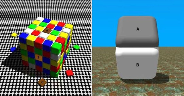 
Hình trái: Bạn có tin là cả 3 vị trí A, B, C đều có màu sắc giống hệt nhau?
Hình phải: Có vẻ vô lý khi nói rằng cả A và B đều có cùng màu sắc. Nhưng đúng là vậy đấy.
