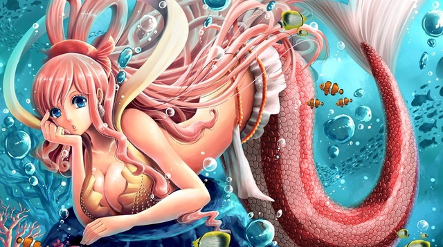 breasts , bubbles , cleavage , fish , long_hair , mermaid , one_piece , pink_hair , shirahoshi , tail , under.jpg