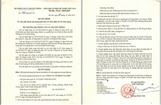 
Quyết định chính thức của Bộ Thông tin và Truyền thông phê duyệt game iGà tại Việt Nam
