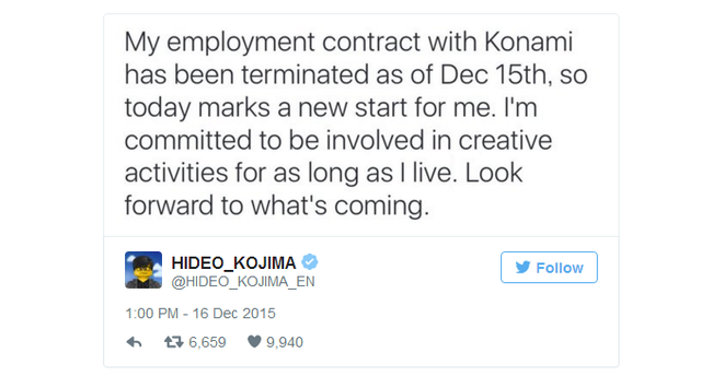 
Xác nhận hợp đồng với Konami đã chính thức kết thúc vào ngày 15/12 của Hideo Kojima trên Twitter.
