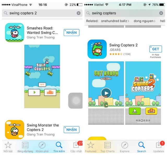  Không thể tìm thấy Swing Copters 2 với tài khoản App Store Việt (bên trái), trường hợp ngược lại với tài khoản App Store Mỹ (bên phải). 