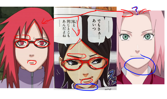So sánh chi tiết về đường nét vẽ của tác giả, Sadara siêu giống cùng với nhân thứ Karin - tình cũ của Sasuke trong phần truyện trước.