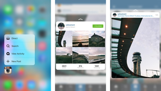  Instagram là mạng xã hội hình ảnh đi đầu xu hướng 3D Touch trên iPhone. Bạn có thể gửi tin nhắn Direct, tìm kiếm, đăng hình mới với Force Click. Ngoài ra trong trang News Feed, người dùng có thể Force Click để xem nhanh tài khoản hoặc xem trước hình ảnh phóng to. 