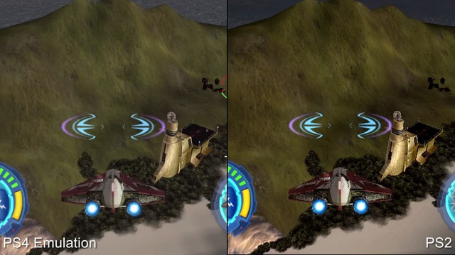 
Một hình ảnh so sánh tựa game Star Wars: Jedi Starfighter khi chơi trên giả lập của PS4 và PS2.
