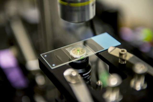  Chấm sáng màu xanh trên vật kính thể hiện việc tinh thể nano đã bị hạ nhiệt độ. 