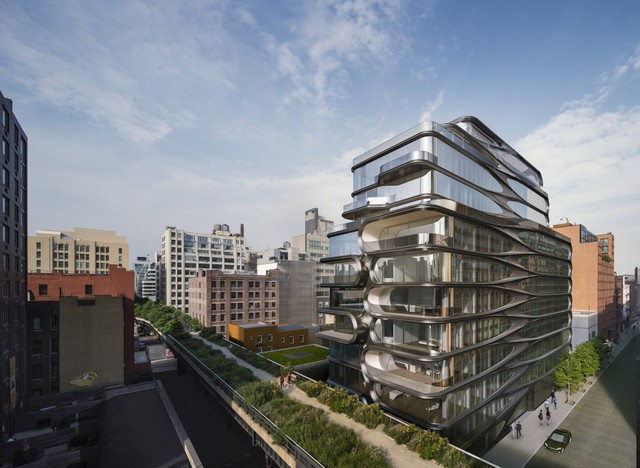 Mặt tiền đầy tính nghệ thuật của tòa nhà mới nhất do Zaha Hadid thiết kế nằm giáp công viên đường sắt trên cao High Line, khu West Chelsea.
