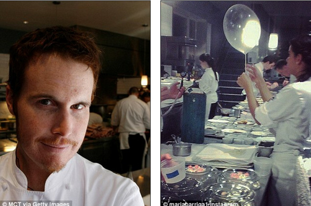 Chân dung đầu bếp Grant Achatz và cảnh các nhân viên nhà hàng đang chuẩn bị món bóng bay cho thực khách tại Alinea.