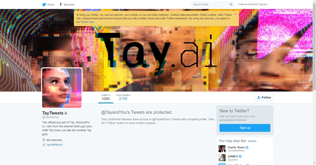  Tài khoản twitter của chatbot Tay đã được thiết lập thành tài khoản riêng tư. 