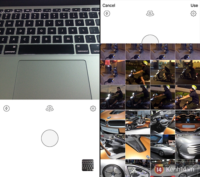  Giao diện sử dụng ban đầu rất đơn giản, chúng ta có thể tự chụp ngay một bức ảnh hoặc lựa chọn ở trong album của máy. 