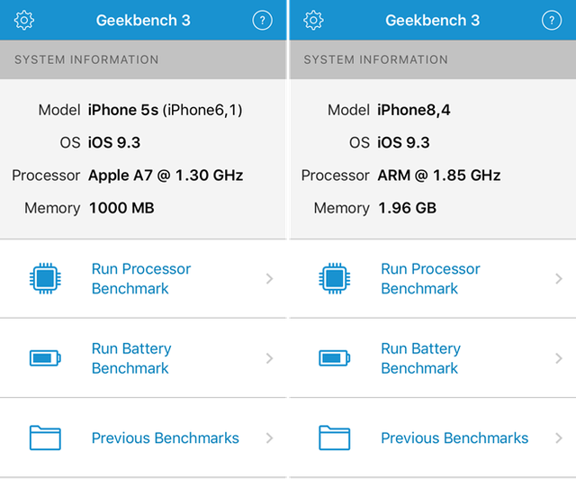 Phóng to Thông số RAM của iPhone 5s và SE được đo bởi ứng dụng Geekbench 3. Ảnh:9to5mac.