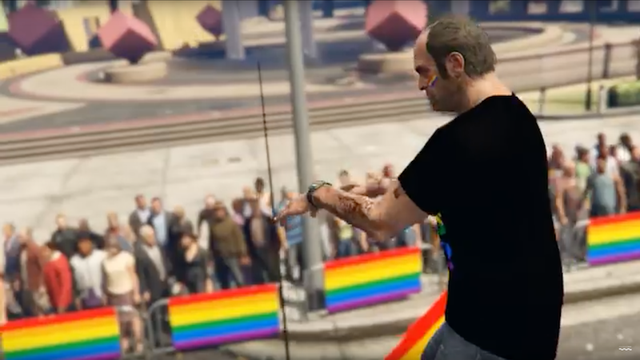 
Nhân vật Trevor tham gia cuộc diễu hành ủng hộ phong trào LGBT.
