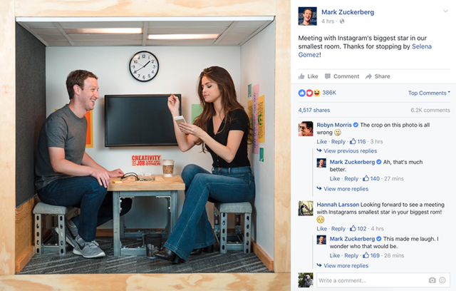 Mark Zuckerberg khoe ảnh hò hẹn với ngôi sao lớn nhất Instagram tại trụ sở Facebook.